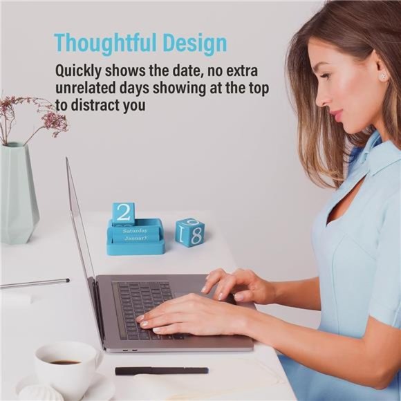 Blue Wooden Desk Calendar, Modern Aesthetic Accessories for Home Office Decor, - Picture 2 of 7